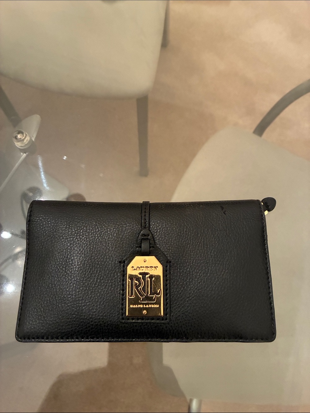 Ralph Lauren Black Pebbled Leather Continental Wallet with Gold RLL Tag